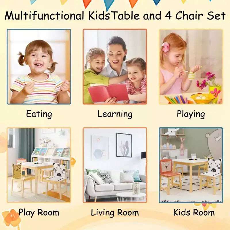 5pcs Kiddy Dining Table Sets, Kids Wood Table with 4 Cartoon Animals Chairs Set 4S - ModernLuxe