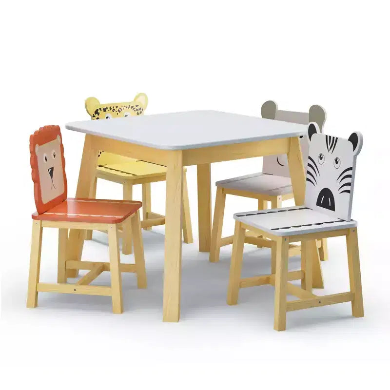 5pcs Kiddy Dining Table Sets, Kids Wood Table with 4 Cartoon Animals Chairs Set 4S - ModernLuxe