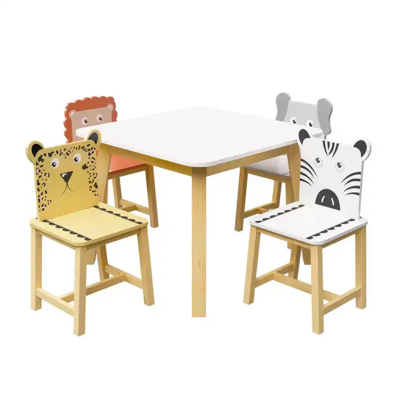 5pcs Kiddy Dining Table Sets, Kids Wood Table with 4 Cartoon Animals Chairs Set 4S - ModernLuxe