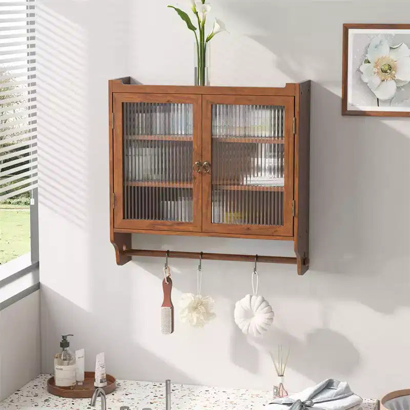 24.8Glass Door Vintage Double Door Wall Cabinet with Three Tiers of Storage with Towel Rack, for Bathroom, Kitchen,Dining Room,Brown
