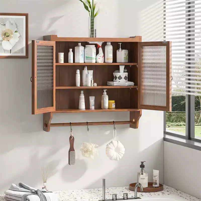 24.8Glass Door Vintage Double Door Wall Cabinet with Three Tiers of Storage with Towel Rack, for Bathroom, Kitchen,Dining Room,Brown