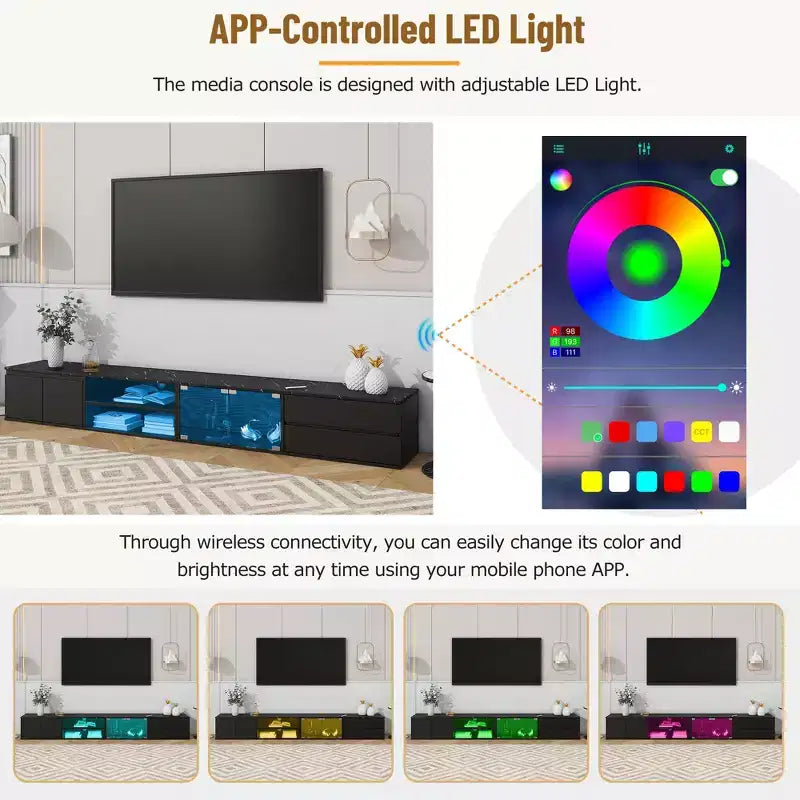 Mobile TV moderno a LED con controllo tramite APP, per TV fino a 105'' con ante in vetro temperato