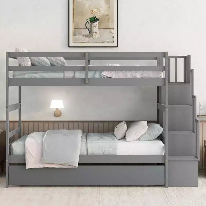 Twin Over Twin Bunk Beds Frame Solid Wood Triple Bunk Bed With Twin Trundle Stairway Storage Function Safety Guardrails For Kids Teens