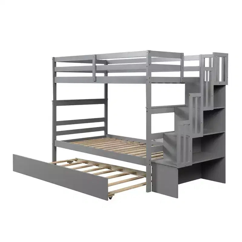 Twin Over Twin Bunk Beds Frame Solid Wood Triple Bunk Bed With Twin Trundle Stairway Storage Function Safety Guardrails For Kids Teens