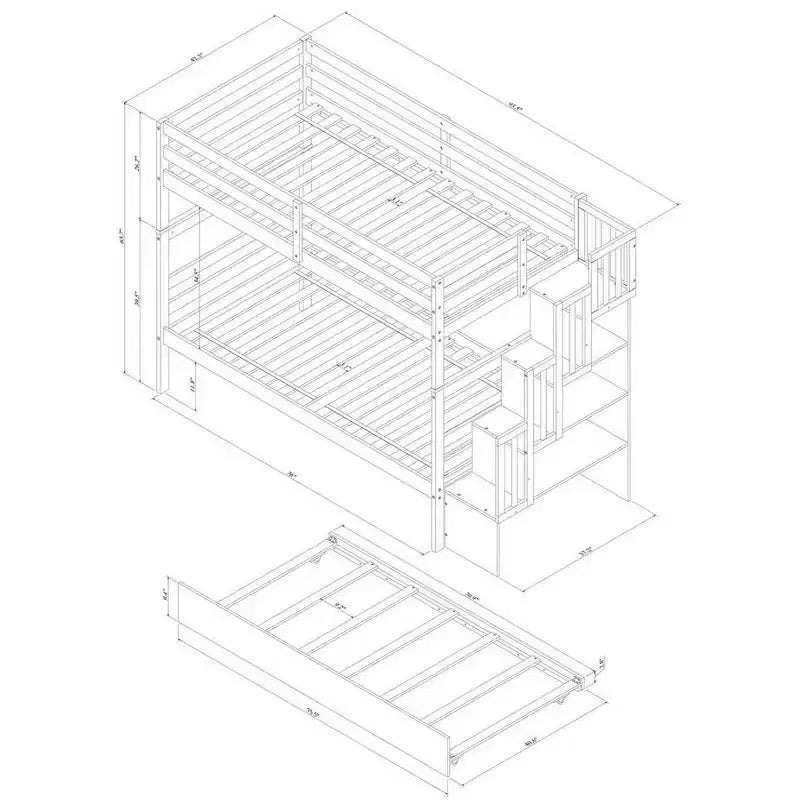 Twin Over Twin Bunk Beds Frame Solid Wood Triple Bunk Bed With Twin Trundle Stairway Storage Function Safety Guardrails For Kids Teens
