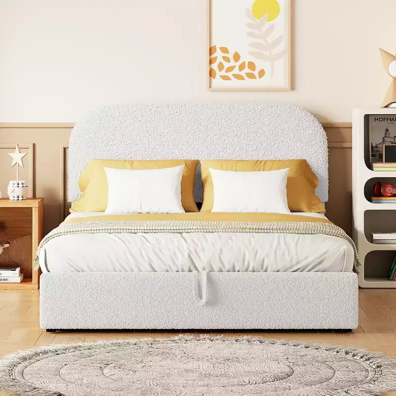 Letto Imbottito a Piattaforma in Pile Teddy Matrimoniale/Queen con Sistema di Contenimento Idraulico