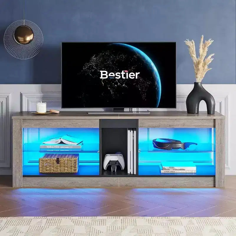 Mobile TV da 55" per TV fino a 60 pollici, Console multimediale da gioco per PS4, Mobile TV a LED con mensole in vetro per centro di intrattenimento