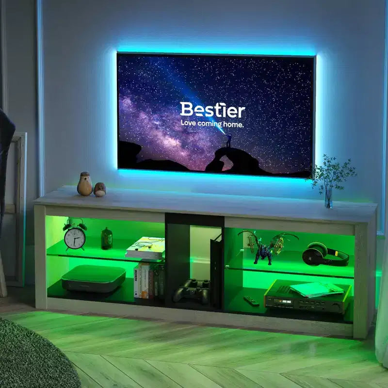 Mobile TV da 55" per TV fino a 60 pollici, Console multimediale da gioco per PS4, Mobile TV a LED con mensole in vetro per centro di intrattenimento