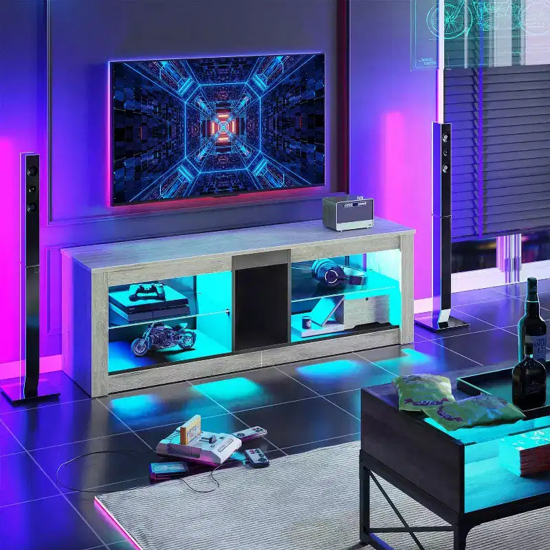 Mobile TV da 55" per TV fino a 60 pollici, Console multimediale da gioco per PS4, Mobile TV a LED con mensole in vetro per centro di intrattenimento