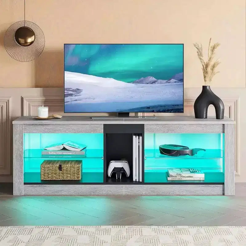 Mobile TV da 55" per TV fino a 60 pollici, Console multimediale da gioco per PS4, Mobile TV a LED con mensole in vetro per centro di intrattenimento