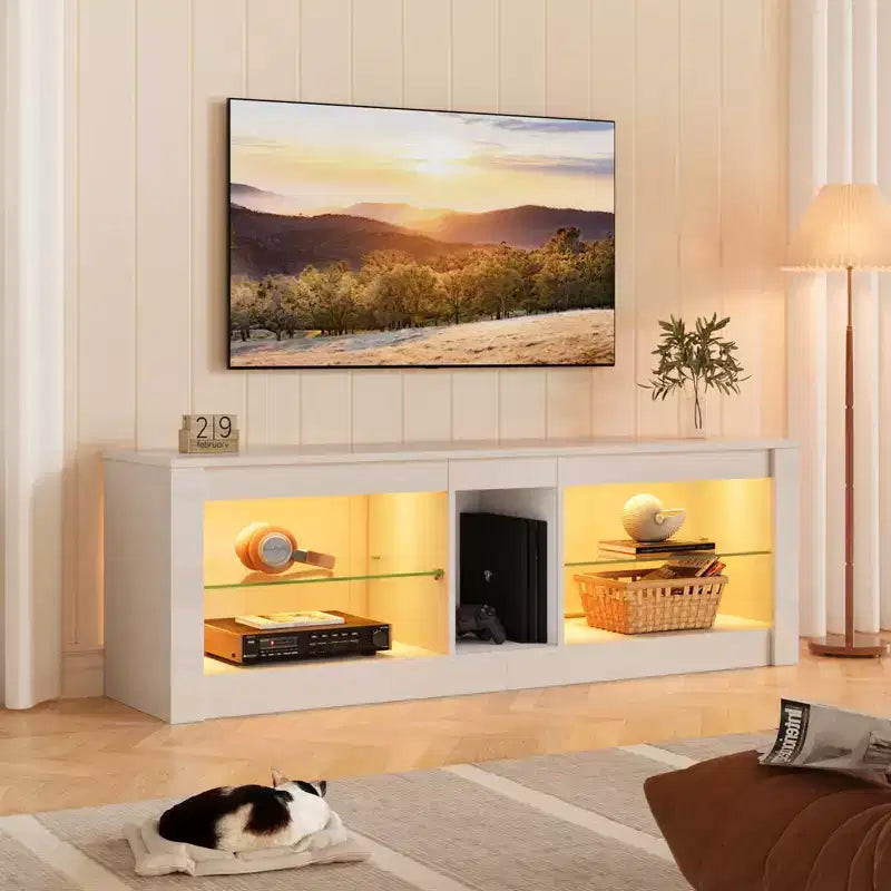 Mobile TV da 55" per TV fino a 60 pollici, Console multimediale da gioco per PS4, Mobile TV a LED con mensole in vetro per centro di intrattenimento