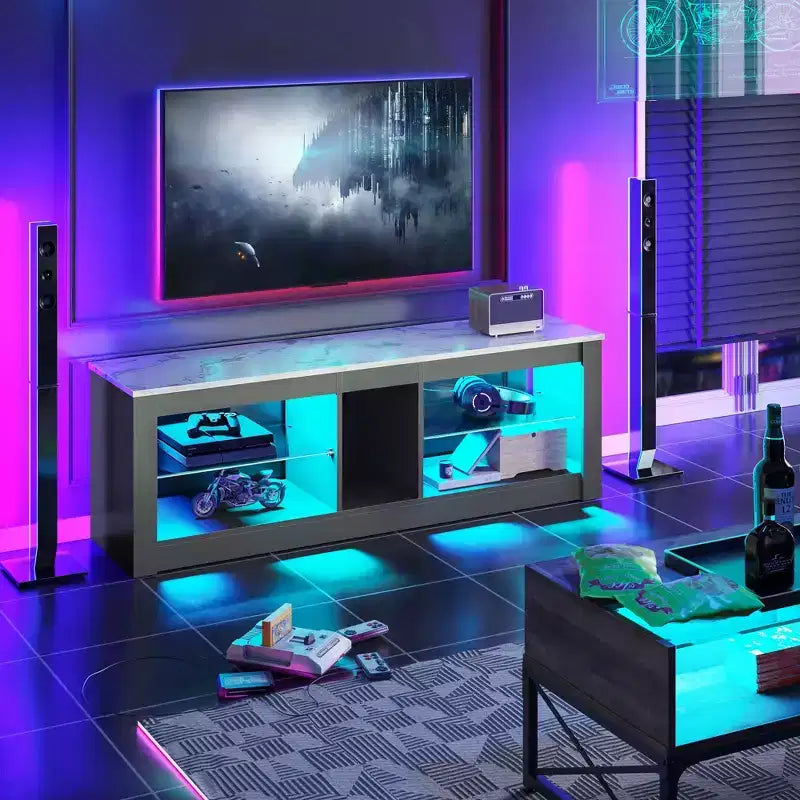Mobile TV da 55" per TV fino a 60 pollici, Console multimediale da gioco per PS4, Mobile TV a LED con mensole in vetro per centro di intrattenimento