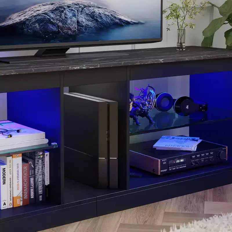 Mobile TV da 55" per TV fino a 60 pollici, Console multimediale da gioco per PS4, Mobile TV a LED con mensole in vetro per centro di intrattenimento