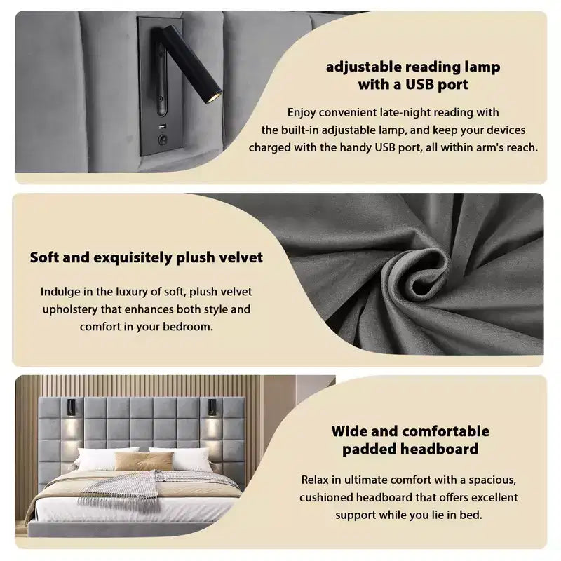 Christopher Knight Home Wesson Modern Upholstered Velvet Bed with Reading Lamp and USB Ports