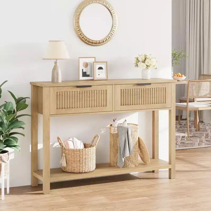 Garvee Console Table Boho Entryway Table Sofa Table Hallway Foyer Table Behind Couch Table with 2 Drawers and Open Storage Shelf for Living Room