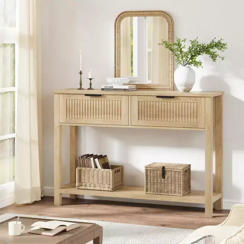 Garvee Console Table Boho Entryway Table Sofa Table Hallway Foyer Table Behind Couch Table with 2 Drawers and Open Storage Shelf for Living Room