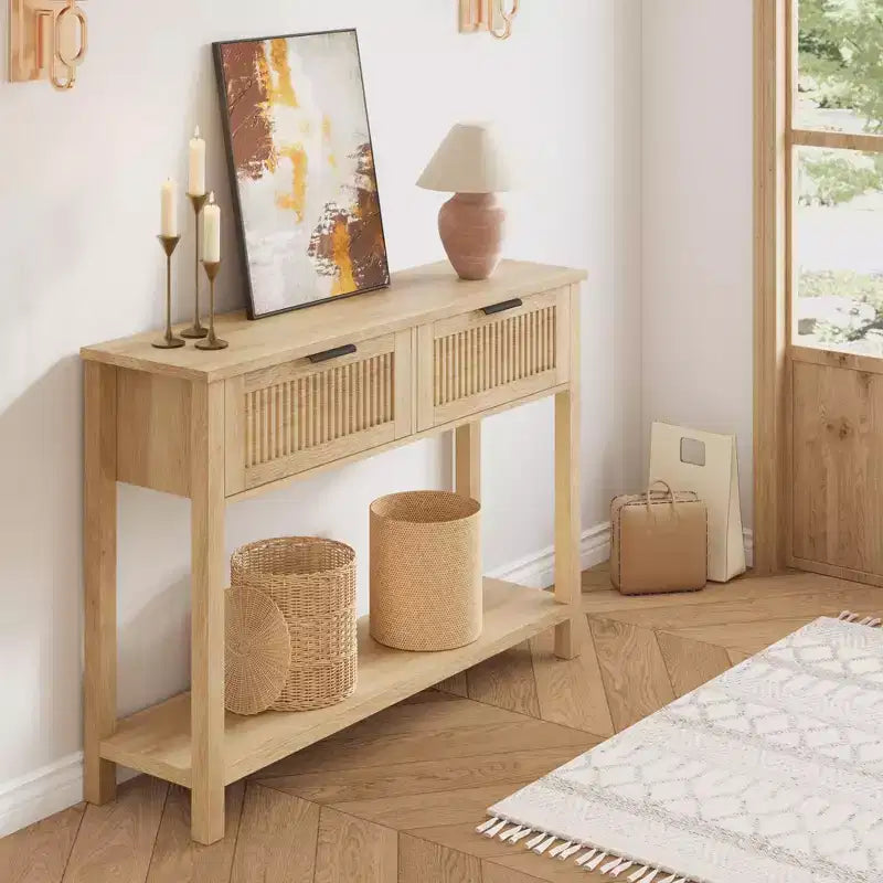 Garvee Console Table Boho Entryway Table Sofa Table Hallway Foyer Table Behind Couch Table with 2 Drawers and Open Storage Shelf for Living Room