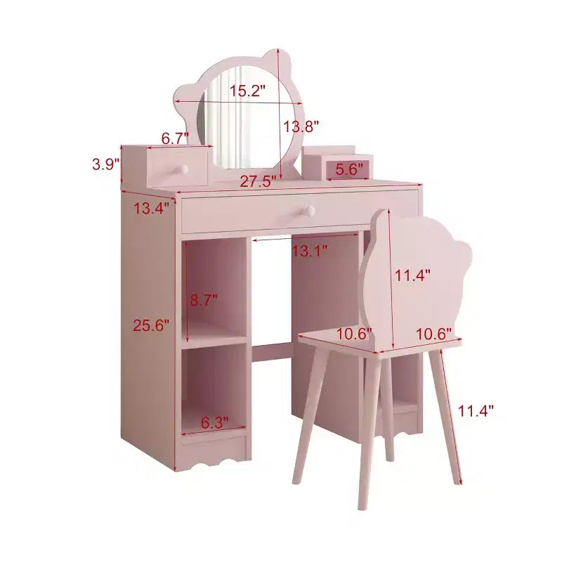 Kids Wooden Play Vanity Set with Vanity Table, Mirror, Storage Drawer & Shelves, and Matching Stool, Pink