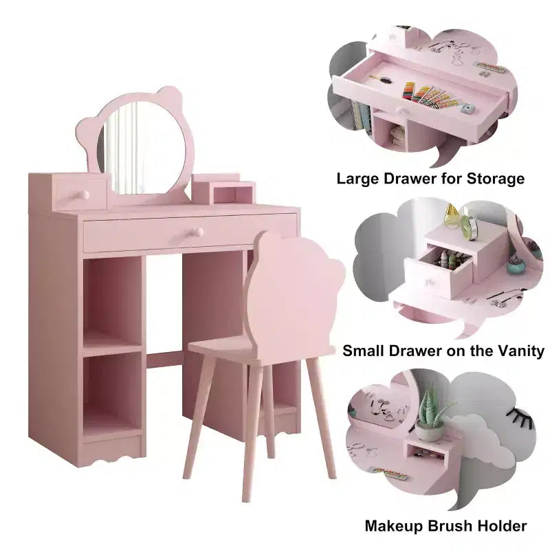 Kids Wooden Play Vanity Set with Vanity Table, Mirror, Storage Drawer & Shelves, and Matching Stool, Pink