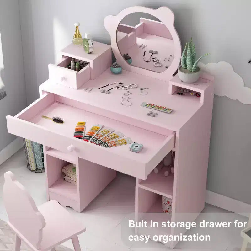 Kids Wooden Play Vanity Set with Vanity Table, Mirror, Storage Drawer & Shelves, and Matching Stool, Pink