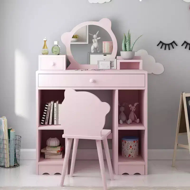 Kids Wooden Play Vanity Set with Vanity Table, Mirror, Storage Drawer & Shelves, and Matching Stool, Pink
