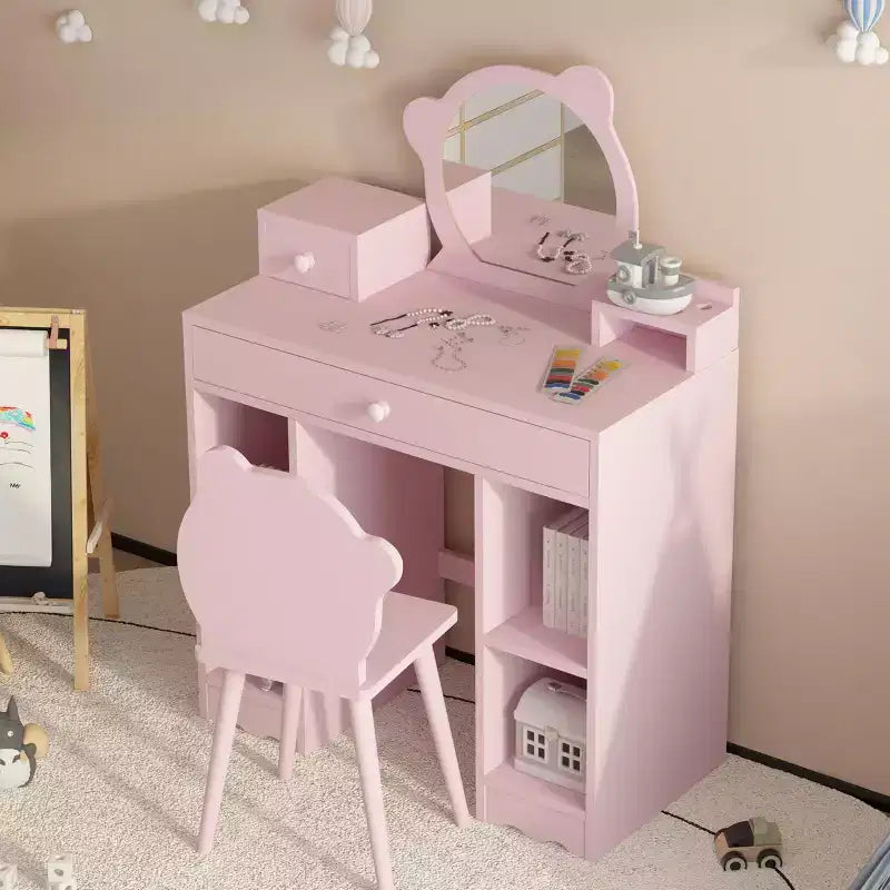 Kids Wooden Play Vanity Set with Vanity Table, Mirror, Storage Drawer & Shelves, and Matching Stool, Pink