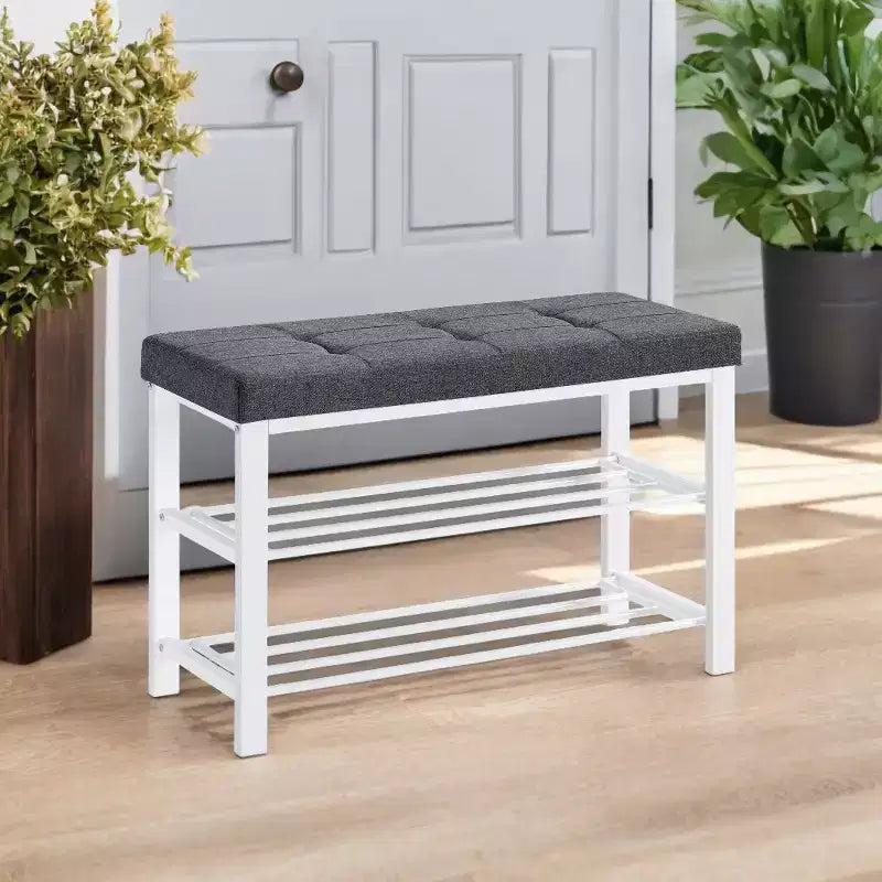Shoe Bench, Storage Bench, Entryway Bench with Cushion, Shoe Shelf with Seat, Storage Organizer with Foam Padded Seat Linen Metal Frame