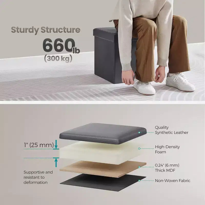 15 pouf ottomano con contenitore, poggiapiedi pieghevole, panca ottomana con contenitore, cassa portaoggetti a cubo con capacità di carico di 300 kg