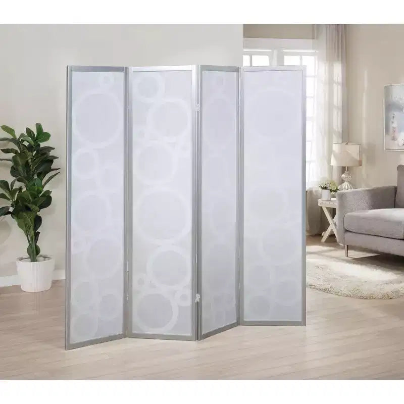 Arvada 4-Panel Wood Room Divider with Circle Pattern, Silver