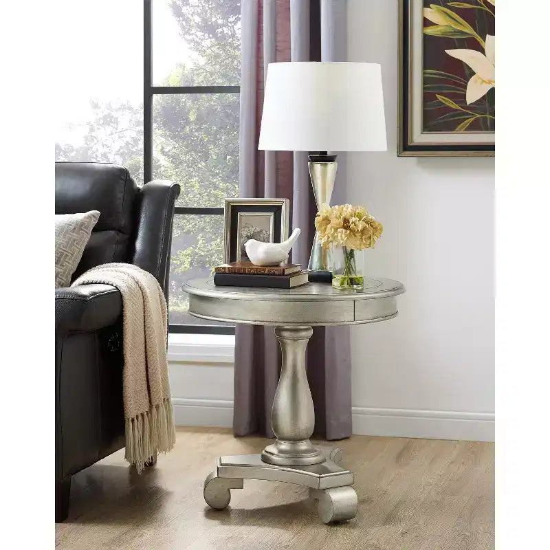 Round wooden pedestal side table, champagne