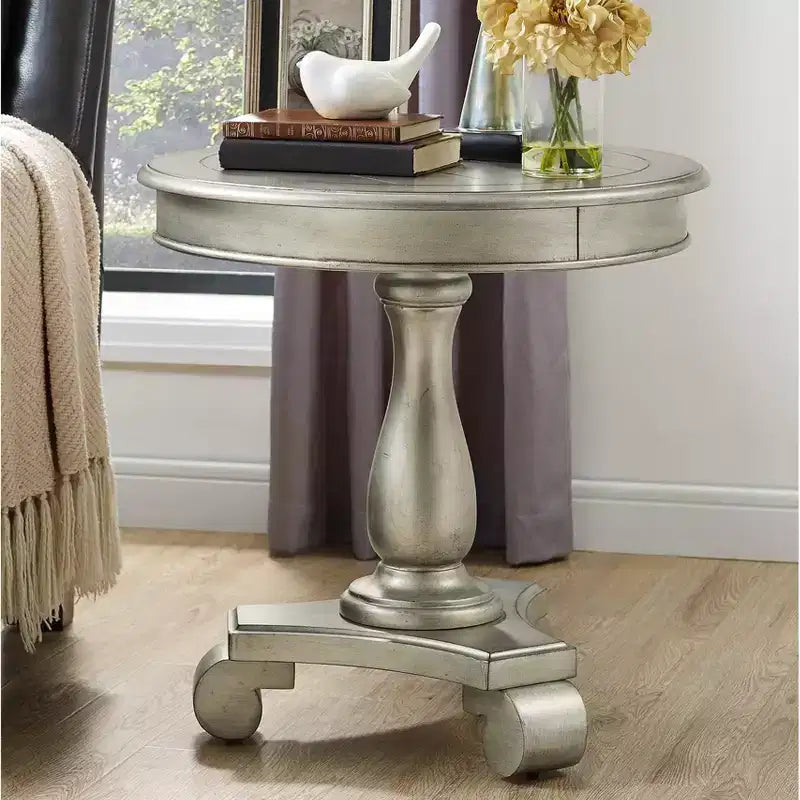 Round wooden pedestal side table, champagne