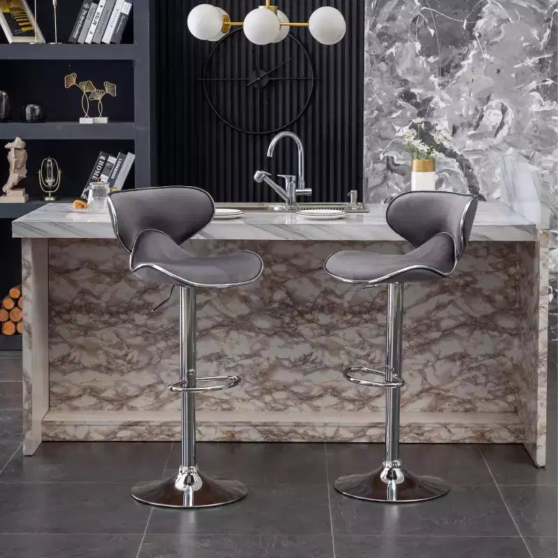 Roundhill Furniture Masaccio Velvet Upholstered Adjustable Swivel Barstool, Gray, Set of 2